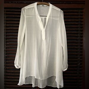 XS S Sheer SILK Long Tunic Top Ivory White Henley Elie Tahari
